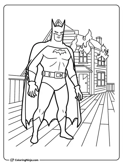 Batman in Front of Burning House Coloring Page