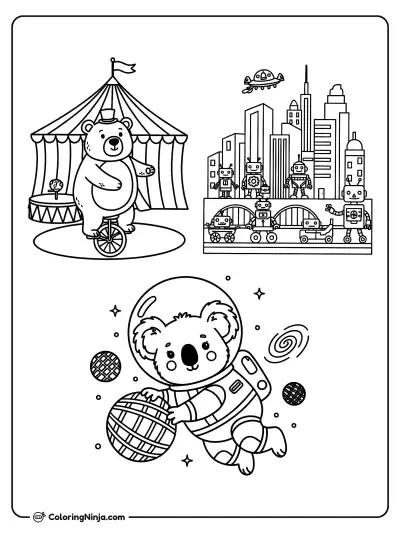 Oso en monociclo y koala espacial