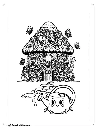 Cottage Garden With Butterflies Coloring Page