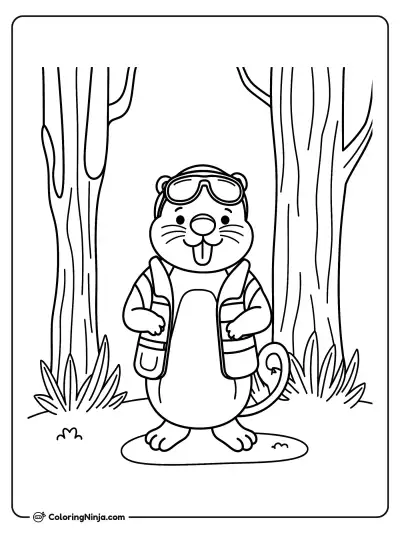 Beaver in the Forest Wearing Safety Equipment Coloring Page