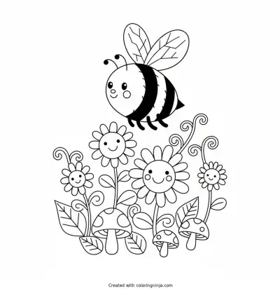A coloring page of a bee playing in a beautiful garden