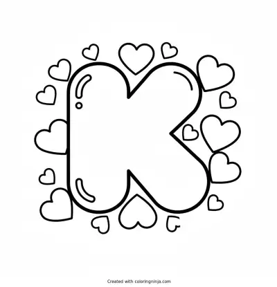 Big Bubble Letter Initial K Surrounded by Hearts Coloring Page