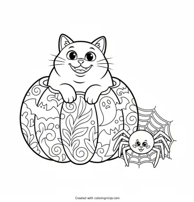 Black Cat in a Pumpkin Coloring Page