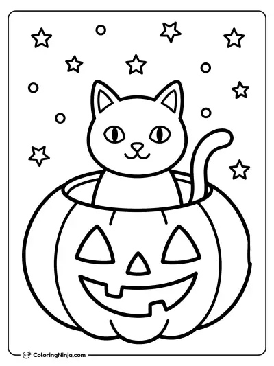 Curious Cat in a Pumpkin Under Starry Sky Coloring Page