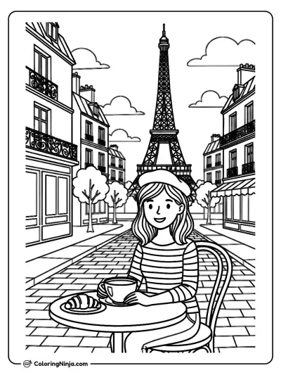 Young Woman at Parisian Cafe Coloring Page