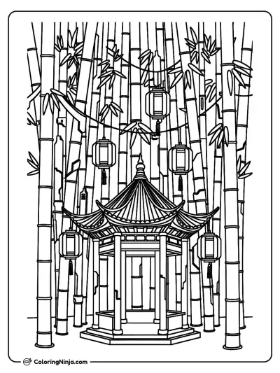 Futuristic Chinese Bamboo Forest Coloring Page