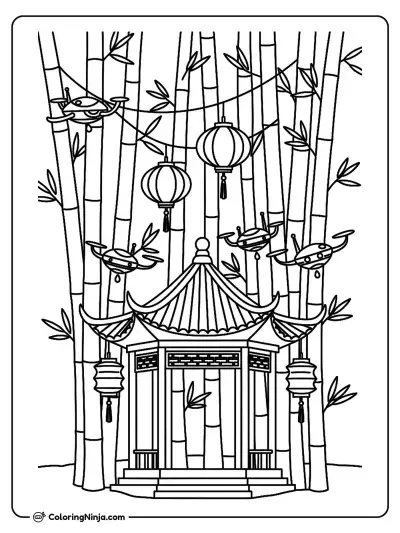 Futuristic Chinese Bamboo Forest Pavilion Coloring Page