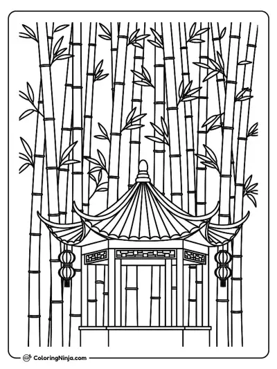 Chinese Bamboo Forest and Pavilion Coloring Page