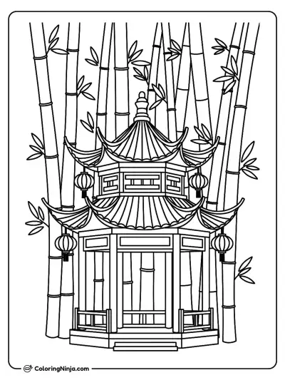 Chinese Bamboo Forest and Pavilion with Hanging Lanterns Coloring Page