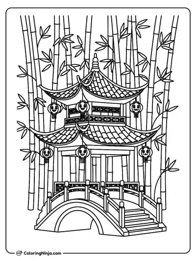 Chinese Bamboo Forest and Pavilion Coloring Page