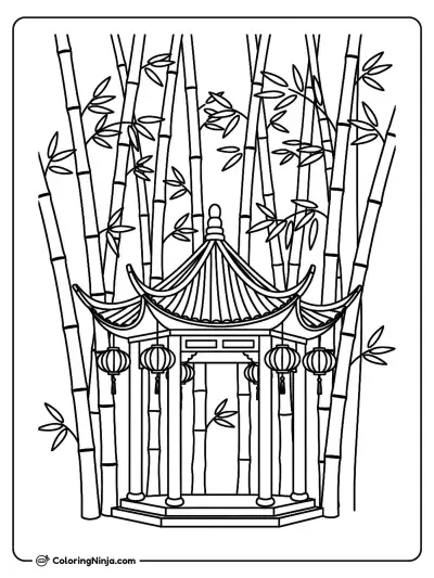 Chinese Bamboo Forest and Pavilion Coloring Page