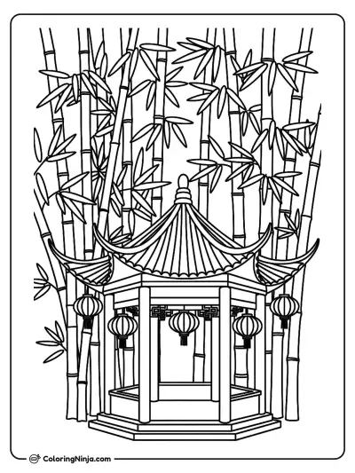 Chinese Bamboo Forest and Pavilion Coloring Page