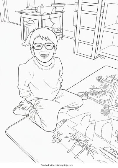 A coloring page of Boy Playing with Toy Trains on Rug
