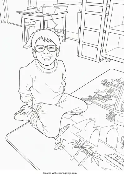 A coloring page of Boy Playing with Toy Trains on Rug