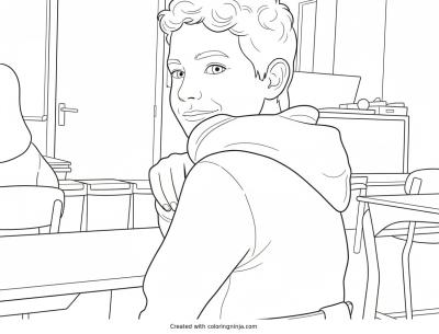 A coloring page of Boy Smiling in Classroom