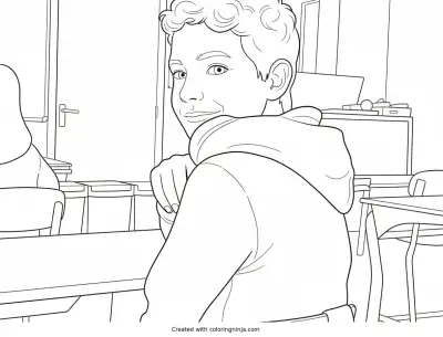 A coloring page of Boy Smiling in Classroom