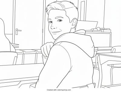 A coloring page of Boy Smiling in Classroom