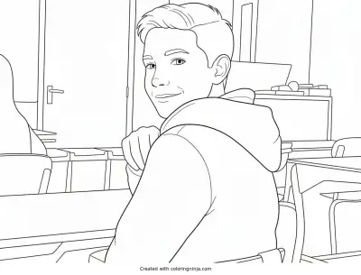 A coloring page of Boy Smiling in Classroom