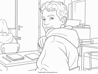 A coloring page of Boy Smiling in Classroom