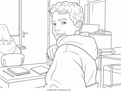 A coloring page of Boy Smiling in Classroom