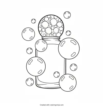 Bubble skincare bottle surrounded by soap bubbles coloring page