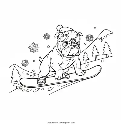A coloring page of bulldog riding on a snowboard
