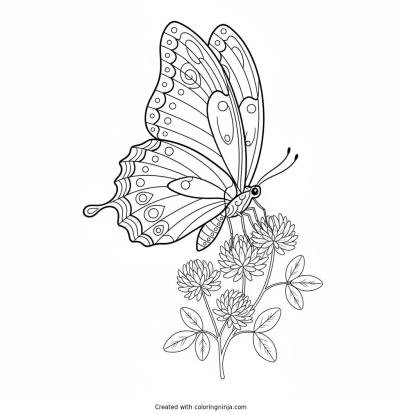 A coloring page of A butterfly with big patterned wings sipping nectar from a sweet clover blossom.