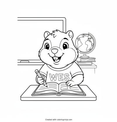 A coloring page of a cartoon woodchuck at school wearing a shirt that says WES