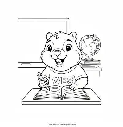 A coloring page of a cartoon woodchuck at school wearing a shirt that says WES