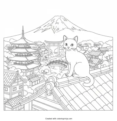 A Cat In A Japanese City Coloring Page