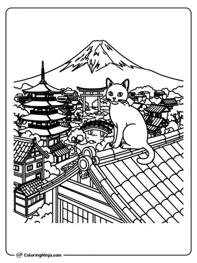 A Cat In A Japanese City Coloring Page