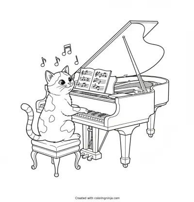 A coloring page of a cat platying the piano (she is very good at it!)
