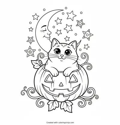Cat and Pumpkin Moon and Stars Coloring Page