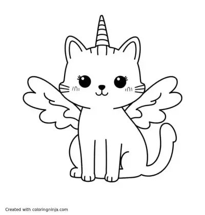A coloring page of Cat with wings and a unicorn horn
