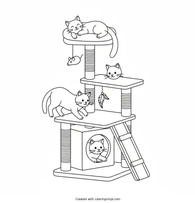 A coloring page of cats in a cat tree
