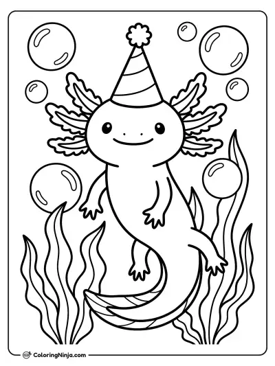 Underwater Axolotl Birthday Party Coloring Page