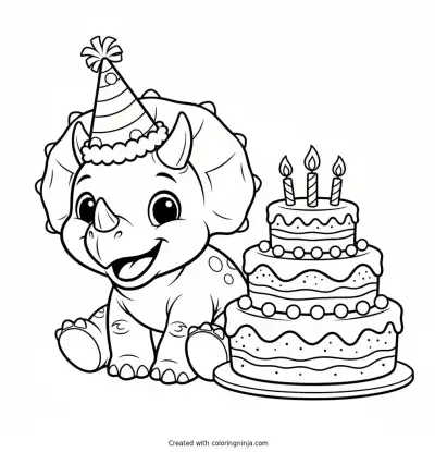 A Birthday Triceratops Celebration Coloring Page
