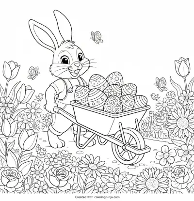 Bunny Gardening with Spring Eggs Coloring Page