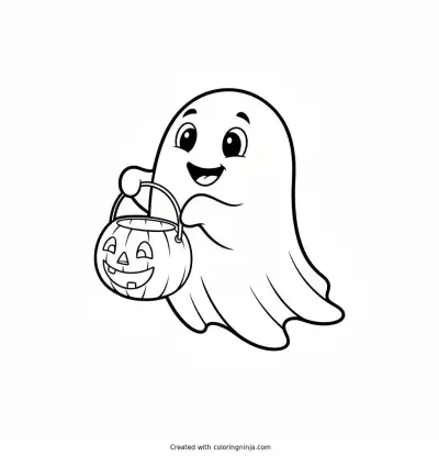 A Friendly Ghost Trick-or-Treating Coloring Page