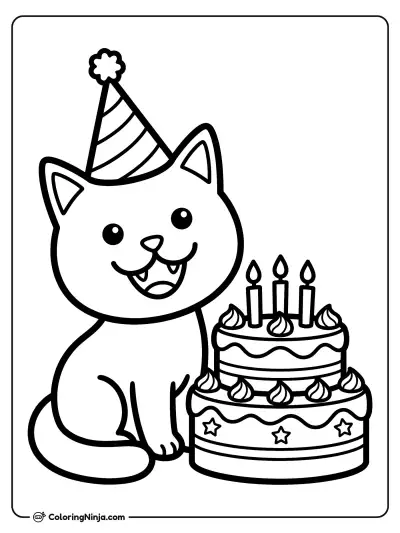 Playful Cat Birthday Party Celebration Coloring Page