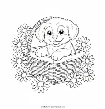 Puppy in a Picnic Basket Coloring Page