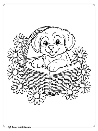 Perrito en una canasta de picnic