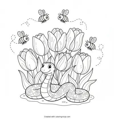 Garden Snake Among the Flowers Coloring Page