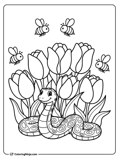 Garden Snake Among the Flowers Coloring Page