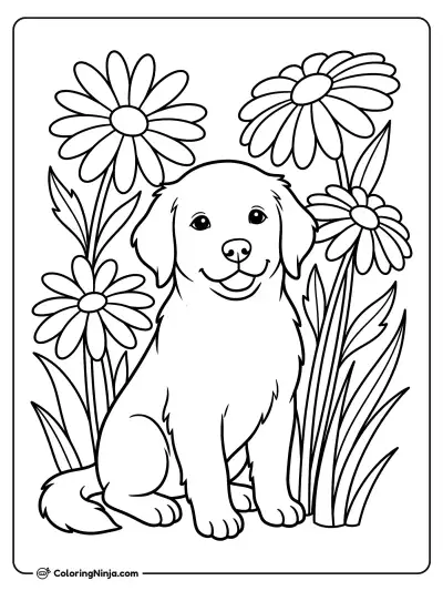 Puppy in the Daisy Garden Coloring Page