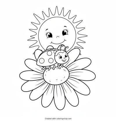 A coloring page of A cheerful ladybug resting on a large daisy under a bright smiling sun.