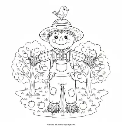 Friendly Scarecrow in the Orchard Coloring Page