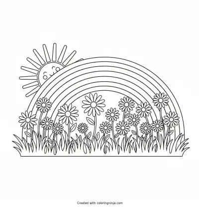 Sunlight and Meadow Rainbow Coloring Page