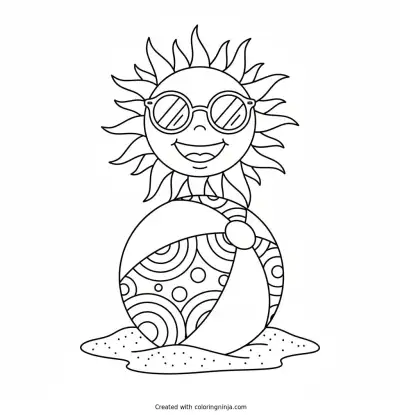 Smiling Sun and Beach Ball Coloring Page
