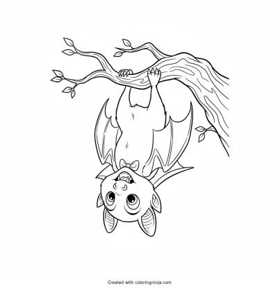 A coloring page of A cheerful vampire bat hanging upside down from an old tree branch.